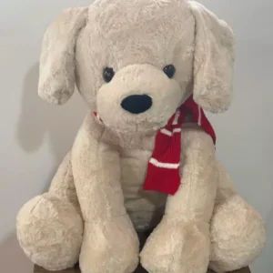 Cachorro pelúcia com cachecol verm e bco 50cm
