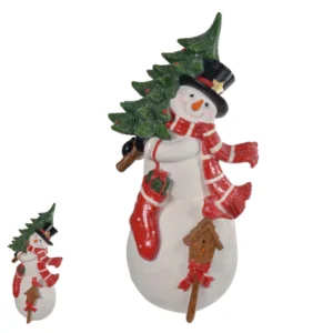 Boneco de neve em resina branco, vermelho e verde 31x16cm