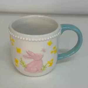 Caneca porcelana branca com alça azul 14cm