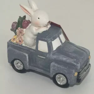 Coelho no carrinho cinza em resina 10x5x8cm