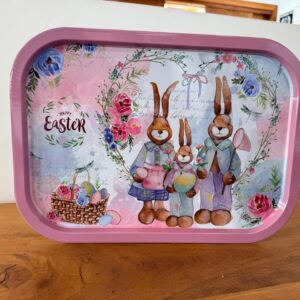 Bandeja retang metal coelho rosa 40x29cm